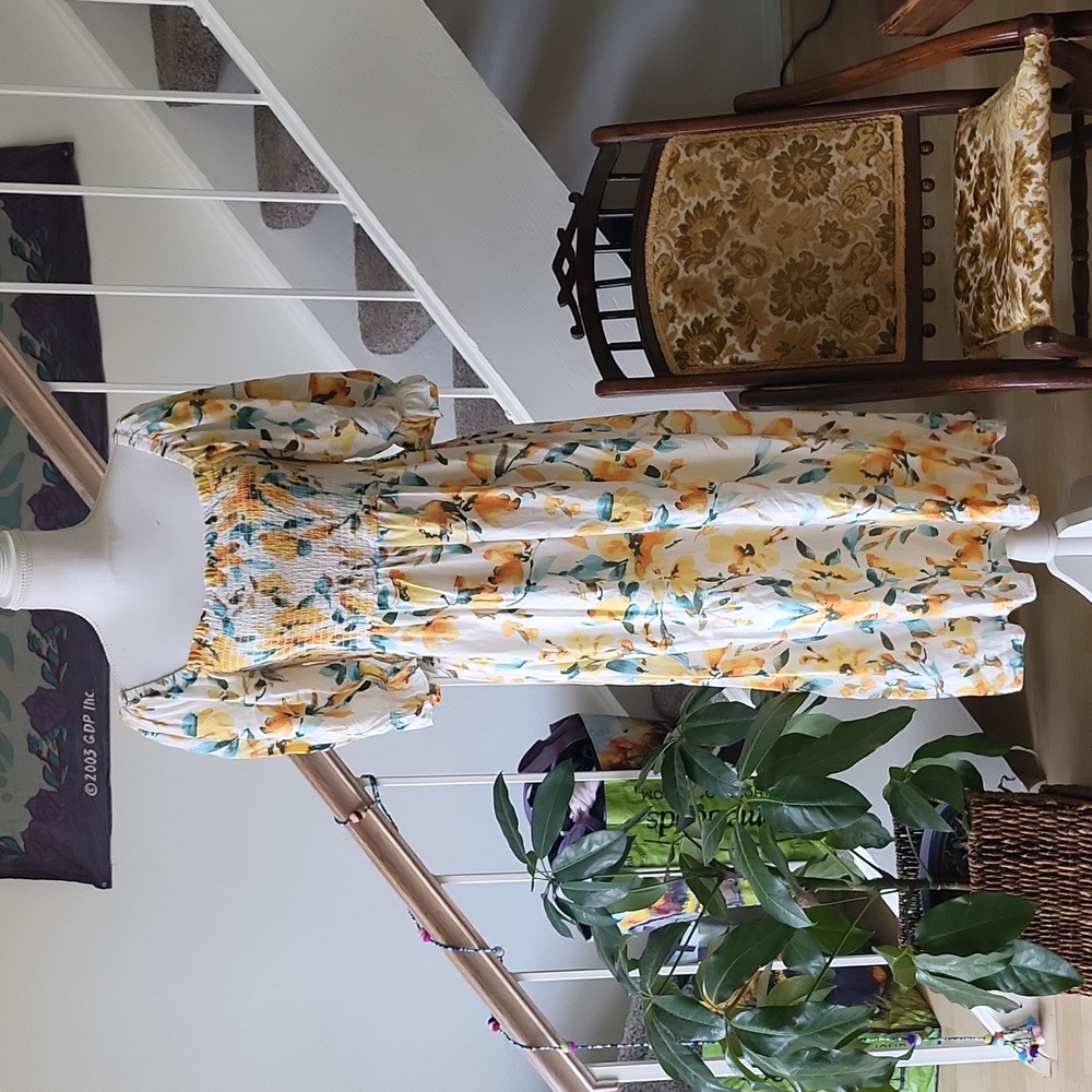 GAP White Floral Maxi Dress Side Slit Stretchy Top Short Sleeve Summer Dress